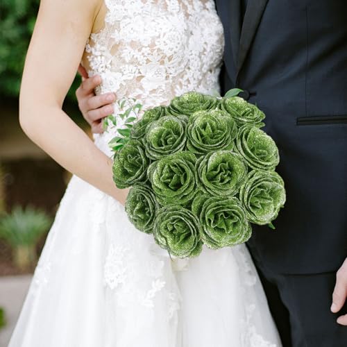 30PCS Artificial Glitter Roses Bouquet Green Flowers Fake Sparkling Roses for Wedding Party Christmas Home Decor(Green with Silver Glitter) - color: Green With Silver Glitter