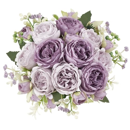 Mkono Peonies Artificial Flowers, Small Silk Flowers for Home Decor Indoor Fake Bouquet Faux Floral Arrangements Dining Table Centerpieces for Kitchen Party Decor Purple - color: Purple