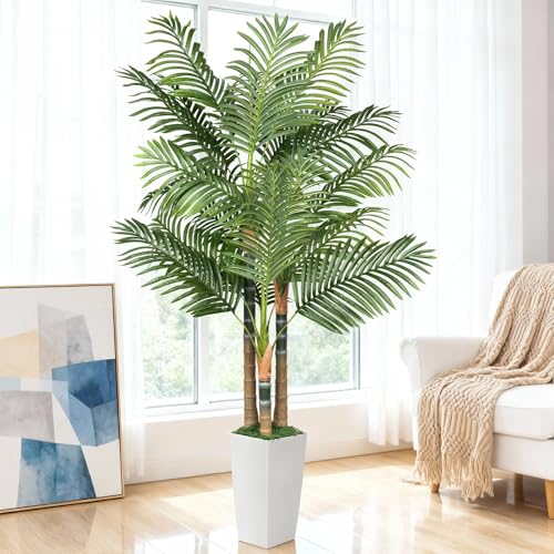 6ft Artificial Palm Tree Indoor Plant，Triple Faux Tropical Areca Floor Plant in Pot，Artificial Plants with Lifelike Leaves for Home Office Decor - color: White, size: 6ft