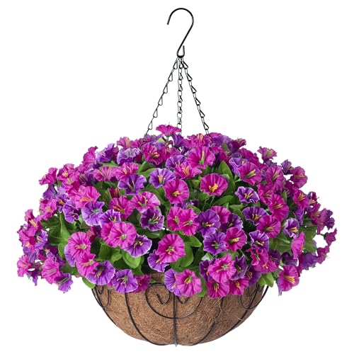 Ammyoo Artificial Hanging Flowers with Basket, Faux Silk Petunias Flower Arrangement, Coconut Lining with Morning Glories Fake Plants Patio Garden Porch Deck Spring Summer Decor(Lotus and Fuchsia) - color: Lotus and Fuchsia