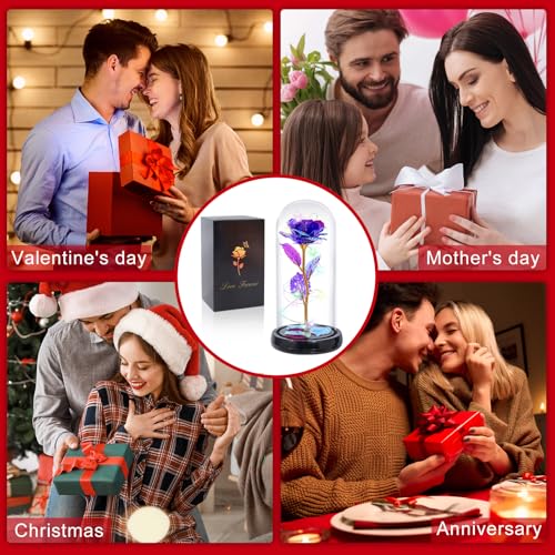 Mothers Day Flowers Gifts for Mom Birthday Gift Rechargeable Galaxy Glass Rose in Glass Dome Forever Crystal Rose Flowers Anniversary Mother's Day Roses Gifts for Daughter Wife Women Grandma Purple - color: Usb-b Purple