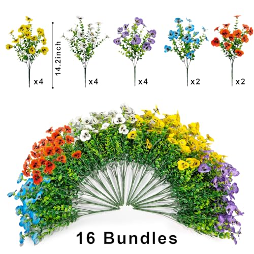 16 Bundles Artificial Fake Pansies Flowers for Outdoors Silk Colorful Pansy UV Resistant Faux Plastic Plants for Outside Planter Front Door Porch Yard Patio Garden Decor (5 Mixcolor) - color: 5 Mixcolor