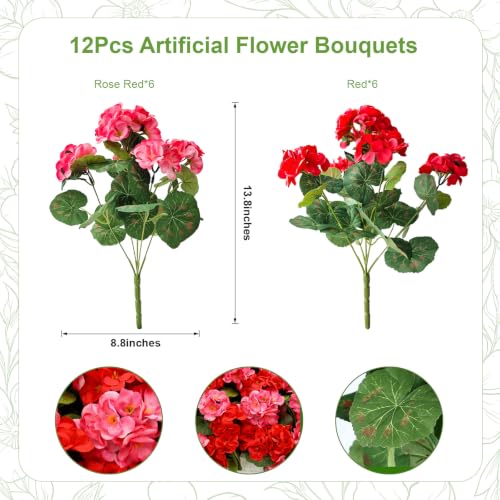 12 Bundles Artificial Geranium Fake Flowers for Outdoor UV Resistant, Outside Spring Red Pink Flower Decoration for Home Kitchen Table Cemetery Garden Planter, Front Door Silk Faux Plants - color: Red+rose Pink, size: 12ps