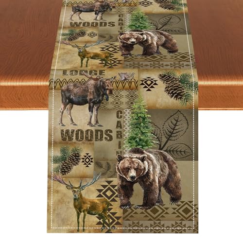 Rustic Cabin Table Runner, Farmhouse Deer Bear Retro Pine Forest Native Aztec Wild Animal Seasonal Coffee Table Center Decor for Home Kitchen Dining Patio Holiday Party Table Decorations 13x36 inches - color: Tr-rustic02, size: 13x36" Table Runner