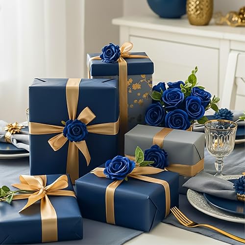 Auihiay 14PCS Blue Artificial Roses, Blue Artificial Flowers, Blue Roses Bouquet with Long Stems for Father's Day Decor, Wedding Centerpieces, Anniversary, Party & Home Decor, DIY Floral Arrangement - color: Dark Blue