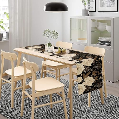 Boho Floral Botanical Table Runner Retro Bohemian Abstract Flower Leaves Black Gothic Table Runner Decoration for Farmhouse Country Home Kitchen Holiday Parties 36X13inch - color: Bohoflower-1, size: L36"x W13"
