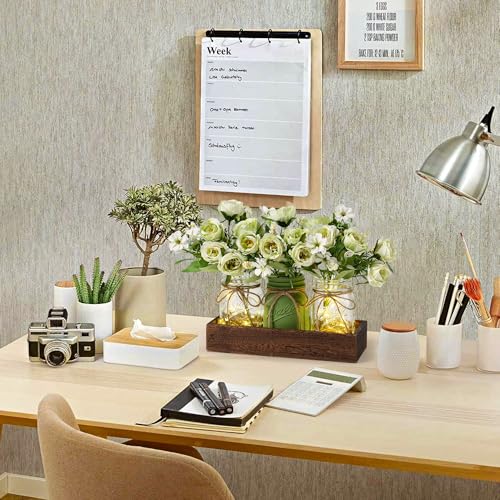 3 Pcs Mason Jar Centerpiece Table Decorations for Dining Farmhouse Coffee Table Decor with Wood Tray and Led Light Table Centerpieces for Dining room Kitchen Living Bathroom,Green - color: Green