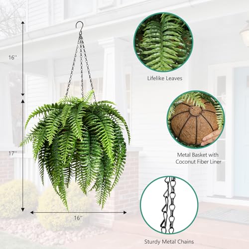 2 Set Fake Ferns with Hanging Baskets, Realistic Fake Hanging Plants, UV Resistant Artificial Ferns Outdoor Faux Plants for Front Porch Patio Garden Home Décor, No Assembly Required