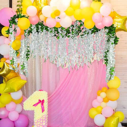 ARTKAIKE Artificial Flowers Garland for Home Decor, Fake Wisteria Vine Silk Hanging Plant Flower for Room Bathroom Wall Kitchen Bedroom Garden Outdoor Wedding Decor (4, White) - color: White