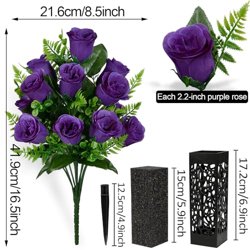 Artificial Cemetery Flowers, Grave Memorial Flowers, Set of 2 Artificial Rose Bouquet with Vase for Cemetery Headstones Gravesites Decoration (Purple) - color: Purple