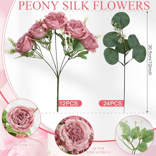 Peonies Artificial Flowers Bulk, 12 Bundles Fake Silk Peonies Faux Eucalyptus Bouquet Realistic Peony Floral Arrangement for Wedding Table Centerpiece Vase Decor (Dusty Pink) - color: Dusty Pink