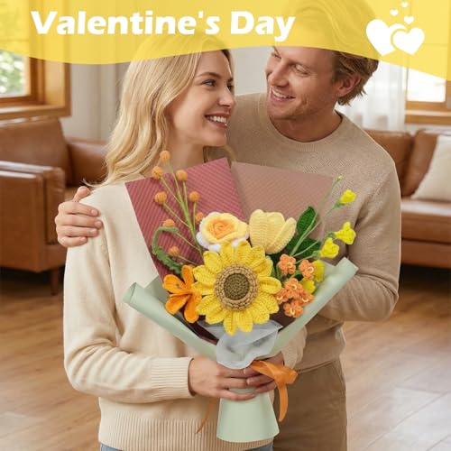 Crochet Flowers Bouquet, Luxurious Handmade Knitted Sunflower Bouquet, Artificial Flower Bouquet for Her, Wife,Lover,Girlfriend,Mother, Anniversary,Graduation,Birthday (with Gift Bag&Card) - color: Yellow, size: X-Large