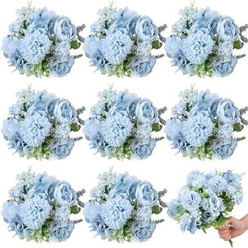 Lyrow 8 Pcs Peony Artificial Flowers Fake Silk Hydrangea Bouquet Elegant Peony Flowers for Wedding Decoration Faux Realistic Floral for Home Party Table Centerpieces Arrangement (Blue) - color: Blue