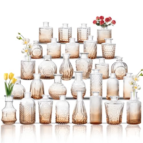 Glass Bud Vase Set of 30, Small Flower Vases, Glass Vases for Centerpieces, Vintage Home Table Decorations Bud Vases (30 Pcs, Amber) - color: Amber, size: 30 Pcs