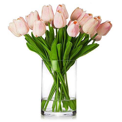 20 Pieces Artificial Real Touch Tulips Flower Arrangement in Glass Vase with Faux Water for Home Decoration (Pink) - color: Pink