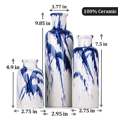 Blue Ceramic Vase Set - 3 Decorative Navy Blue and White Vase for Centerpieces, Farmhouse and Home Decor - Ideal for Living Room, Kitchen, Bedroom, Dining Table and Office Decor - color: Blue & White