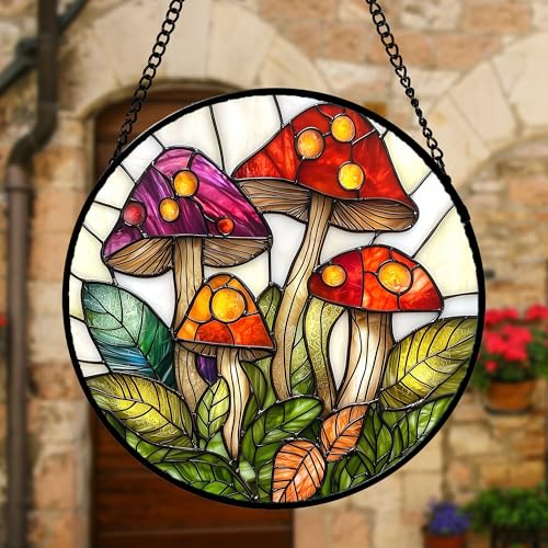DASTOLL Stained Glass Window Hanging, Mushroom Leaves Suncatcher for Doors Home Sun Catchers Decoration and Christmas, Mother's Day Birthday Gifts for Women, Men, and Mom 9.8 in - color: Red and White, size: 9.8x9.8 IN
