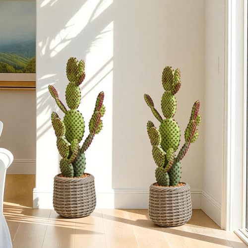 Artificial Cactus Plant Outdoor, 28” Big Fake Cacti Plants with Realistic Prickly Pear in Brown Pot, Faux Floor Plant Indoor for Home Living Room Foyer Porch Balcony Garden 2PCS