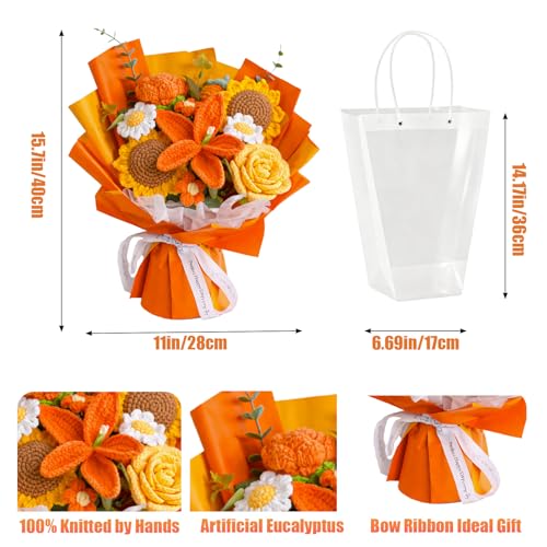 Handmade Crochet Flower Bouquet, Pink Rose & Carnation Knitted Flowers, Gift For Girlfriend, Birthday, Anniversary, Mother’s Day, Wedding Or Graduation (Includes Card) (Orange) - color: Orange