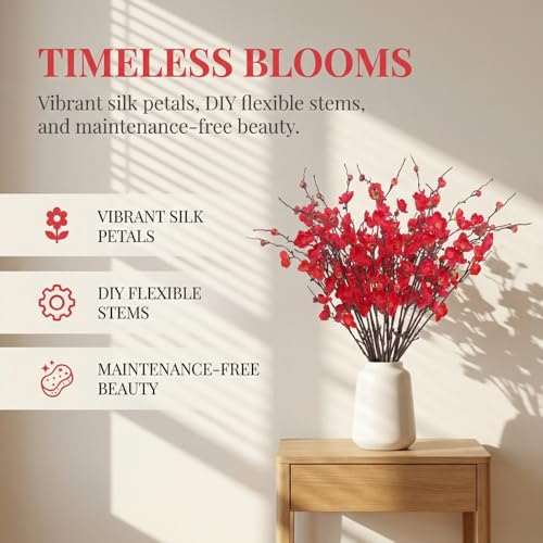 20pcs Cherry Blossom Branches Artificial Flowers for Winter Spring Indoor Decoration, 22" Plum Fake Peach Plants for Wedding Home Office Bedroom Party Decor (red, 22in) - color: Red, size: 22in