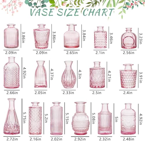 SUPMIND Glass Bud Vase Set of 16, Small Pink Flower Vases for Table Centerpieces in Bulk, Cute Mini Vintage Vase for Wedding, Home Decor, Table Decoration - color: Pink