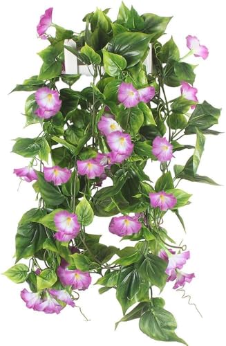 GTIDEA 2Pcs Artificial Vines,15Feet Hanging Plants Silk Morning Glory Garland Fake Green Plant Home Garden Wall Fence Stairway Outdoor Wedding Hanging Baskets Decor Purple - color: Purple