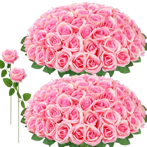 72 Pcs Artificial Roses Champagne Pink Fake Silk Roses Realistic Roses Faux Flower Indoor Wedding Home Decor, Birthday Decorations - color: Champagne Pink