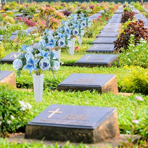 2 Set Artificial Cemetery Flowers with Grave Vase-2 Bunches Lilies & Rose Mixed Blue Silk Memorial Flowers-2 Cemetry Vase with Foam for Outdoor Headstones Gravesite Graveyard Decorations - color: Blue
