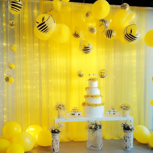 10ft x 8ft Yellow Backdrop Curtain with Lights String for Parties, Sheer Tulle Wedding Photo Backdrops Drapes for Baby Shower Birthday Party Decorations Background for Photography - color: Yellow, size: W5' x H8'(2 panels)