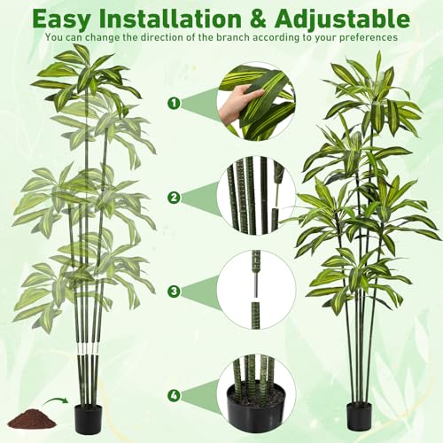 Giegxin 2 Pack 6 FT Artificial Dracaena Tree, Indoor Fake Tree with Black Stable Planter, Natural Wood Trunk & Lifelike Leaves Dracaena Plants for Home Living Room Porch Office Housewarming Gift - size: 6 ft