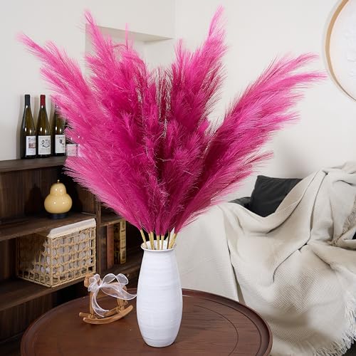 Premium Faux Hot Pink Pampas Grass – Fuchsia 43.3″ 8pcs Tall Fluffy Decor, No Assembly 18-Branch One-Piece Stems for Floor Vase Decor, Luxury Silk-Feel Feather Flowers (8 pcs/110cm) - color: Faux Hot Pink, size: 8pcs 43.3"(110cm)