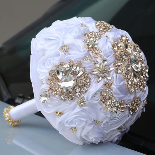 8.7in White Bridal Wedding Bouquet Handmade with Luxury Gold Rhinestone Brooch for Bride Bridesmaid Quinceanera Satin Rose Bouquet Flower Wedding White - color: White, size: Large (DIA. 8.7"/22cm)