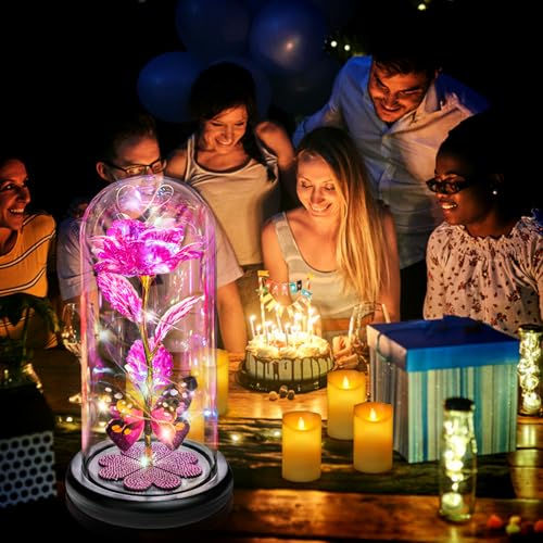 Mothers Day Mom Gifts for Mom Women Birthday Gift Galaxy Glass Rose in Glass Dome Forever Eternal Crystal Flowers with Butterfly Mother's Day Flowers Gifts for Women Wife Grandma Daughter Sister Pink - color: D Pink