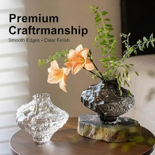 Small Glass Flower Vase for Office Desk and Bookshelf, 6.5" Unique Aesthetic Vase with Thickened Stable Base, Modern Wavy Glass Vase for Small Bouquets, Dining Table Decor, Housewarming Gift (Gray) - color: Gray
