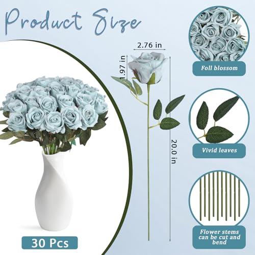 30pcs Fake Roses Artificial Silk Flowers Long Stems Bouquet for Wedding Bridal Shower Party Home Decoration (Dusty Blue) - color: Dusty Blue