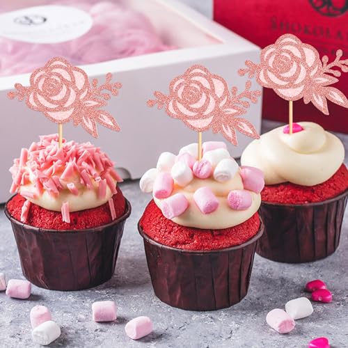 24Pcs Glitter Pink Rose Flower Cupcake Topper Double Layers Roses Flowers Cupcake Picks for Floral Bridal Shower Wedding Anniversary Mother's Day Valentine's Day Floral Birthday Cupcake Decoration - color: Pink Rose