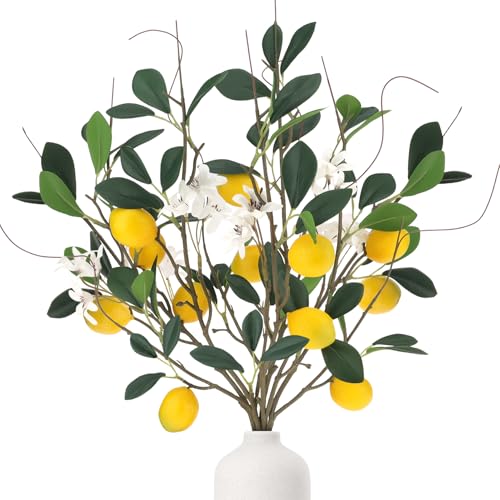 18.7'' Artificial Lemon Branches Fake Lemons Stem Decoration Faux Fruit Branch with Lifelike Leaves DIY Wreath Party Farmhouse Home Kitchen Table Ornament Themed - 4 Pcs