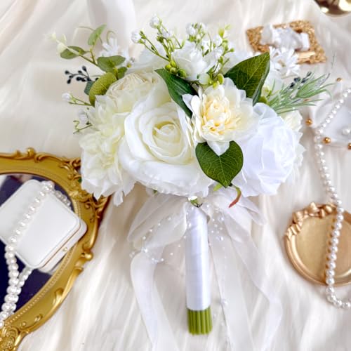 9 Inch Ivory White Wedding Bouquets for Bride Bridesmaid Champagne Rose Bridal Bouquet Artificial Fake Silk Cream Flowers Pearl Chains French Vintage Boho Rustic Church Decoration Toss Bouquet Prom - color: Ivory White
