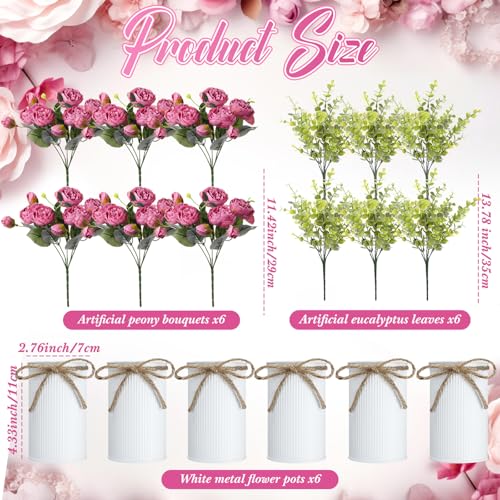 6 Sets Artificial Peonies Flowers, 6 Artificial Peony with Vase 6 Faux Eucalyptus, Faux Silk Peony Bouquet Spring Flowers for Decoration Wedding Party Home Dining (Purple) - color: Purple