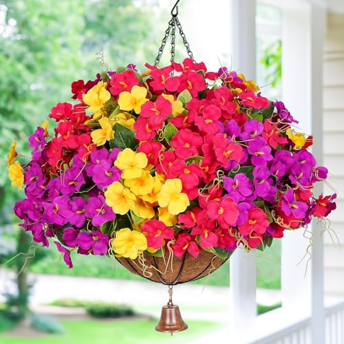 Dolicer Realistic Artificial Hanging Flowers for Outdoors, Look Real Large Artificial Flowers for Outdoors with Baskets, UV Resistant Fake Hanging Flowers Plants for Porch Patio Balcony Yard - color: Purple+yellow+fuchsia, size: 1PACK