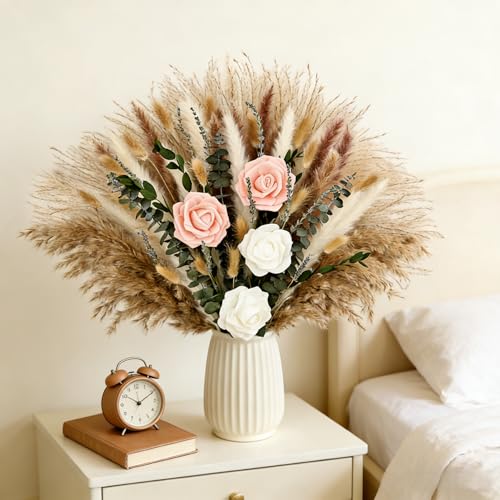 100Pcs Pampas Grass with Fake Roses Bouquet Fluffy Dried Plants with Eucalyptus Leaves Bunny Tails and Artificial Flowers for Vase Home Livingroom Boho Natural Decor Tables Centerpieces