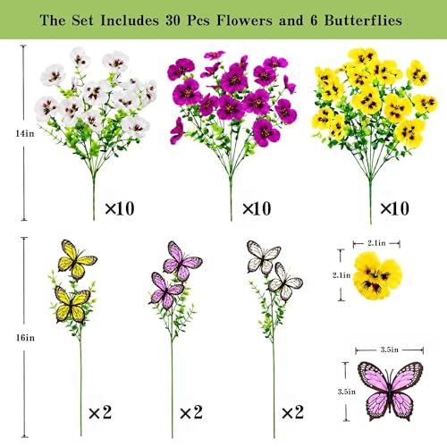Geegoods Extra Full 36 Stems Artificial Pansies Flowers for Outdoor with 6 Pcs Butterflies, UV Resistant Faux Flowers for Hanging Baskets Window Box Porch Garden Summer Decor - color: Purple White Yellow, size: 36PCS with Butterfly
