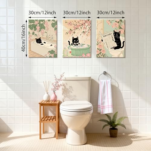 WENGTIAO Japanese Bathroom Wall Art Set of 3 Funny Black Cat Wall Paintings Cute Japan Cat Prints Pictures Animal on Toilet Photo Home Decor for Bathroom Restroom Laundry Room 12”x16”x3 - color: Black Cat Bathroom, size: 12"x16"x3Pcs