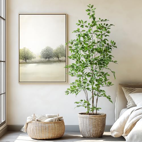 Bailikang Artificial Ficus Tree Indoor 6ft, Large Potted Faux Tree with Realistic Silk Leaves & Trunk for Home Office, Living Room Corner Decor - color: White Green, size: 6ft