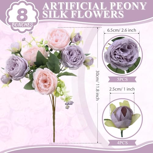 8 Bundles Artificial Peonies Flowers Boho Faux Flowers Arrangements Artificial Centerpiece Spring Bouquet Floral Wedding Decoration for Vase(Pink, Purple) - color: Pink, Purple