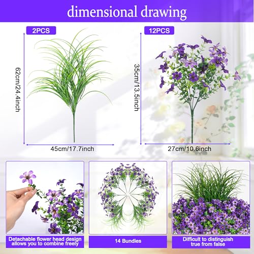 Artificial Flowers,14 Bundles UV Resistant Fake Flowers Daisy with Greenery Plants Wheat grass,Faux Outdoor Flowers for Spring Summer Decoration, Outdoor Faux Plants Home Window Porch Patio Yard - color: Purple