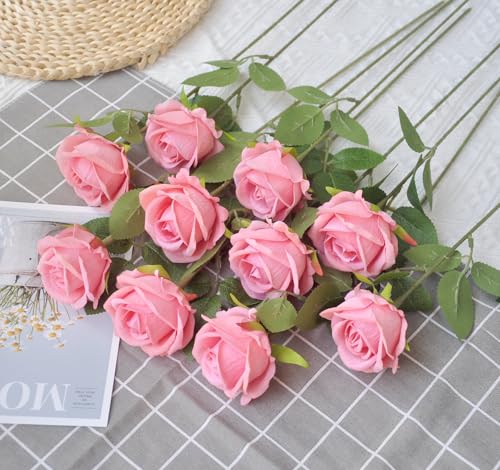 Kenpal Realistic Fake Roses Artificial Flowers with Stem for Decoration Floral Arrangement Centerpieces Wedding Bouquets (10, Coral Pink) - color: Coral Pink