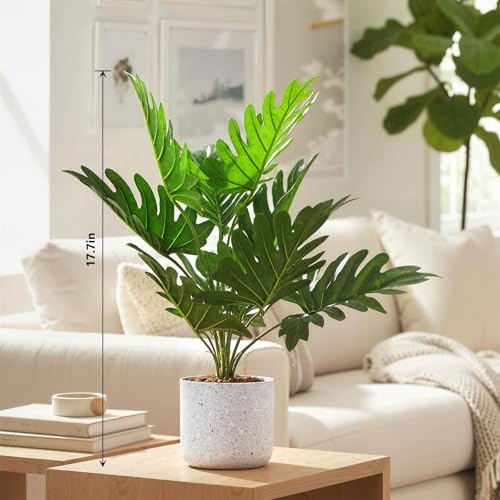 2Pcs Philodendron Fake Plants in White Potted, 17.7" Faux Green Bonsai Tree with Realistic Leaves, Decorative Artificial Plant Indoor for Home Office Entryway Decor - size: 17.7"