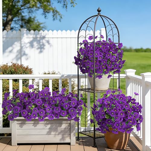 Roberly 12 Bundles Artificial Flowers for Outdoors, Fake Flowers Silk Morning Glory with Eucalyptus UV Resistant Faux Plants for Spring Summer Garden Outside Porch Patio Yard Home Decor, Purple - color: Purple