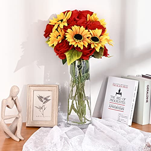 Waipfaru 16 Pcs Fake Roses Sunflowers Artificial Flowers Bulk, Silk Red Roses Yellow Flowers Artificial with Long Stems for Outdoors Wedding Bouquet Vase Flower Arrangement Decoration - color: C-red Rose & Sunflower, size: 16 Pcs